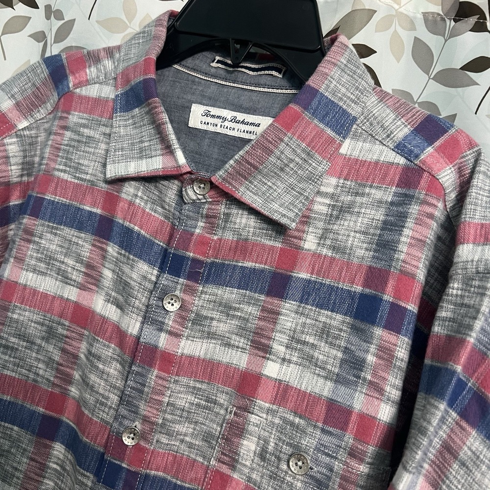 Tommy Bahama Mens Canyon Beach Flannel Long Sleeve Red Blue Plaid Shirt Large